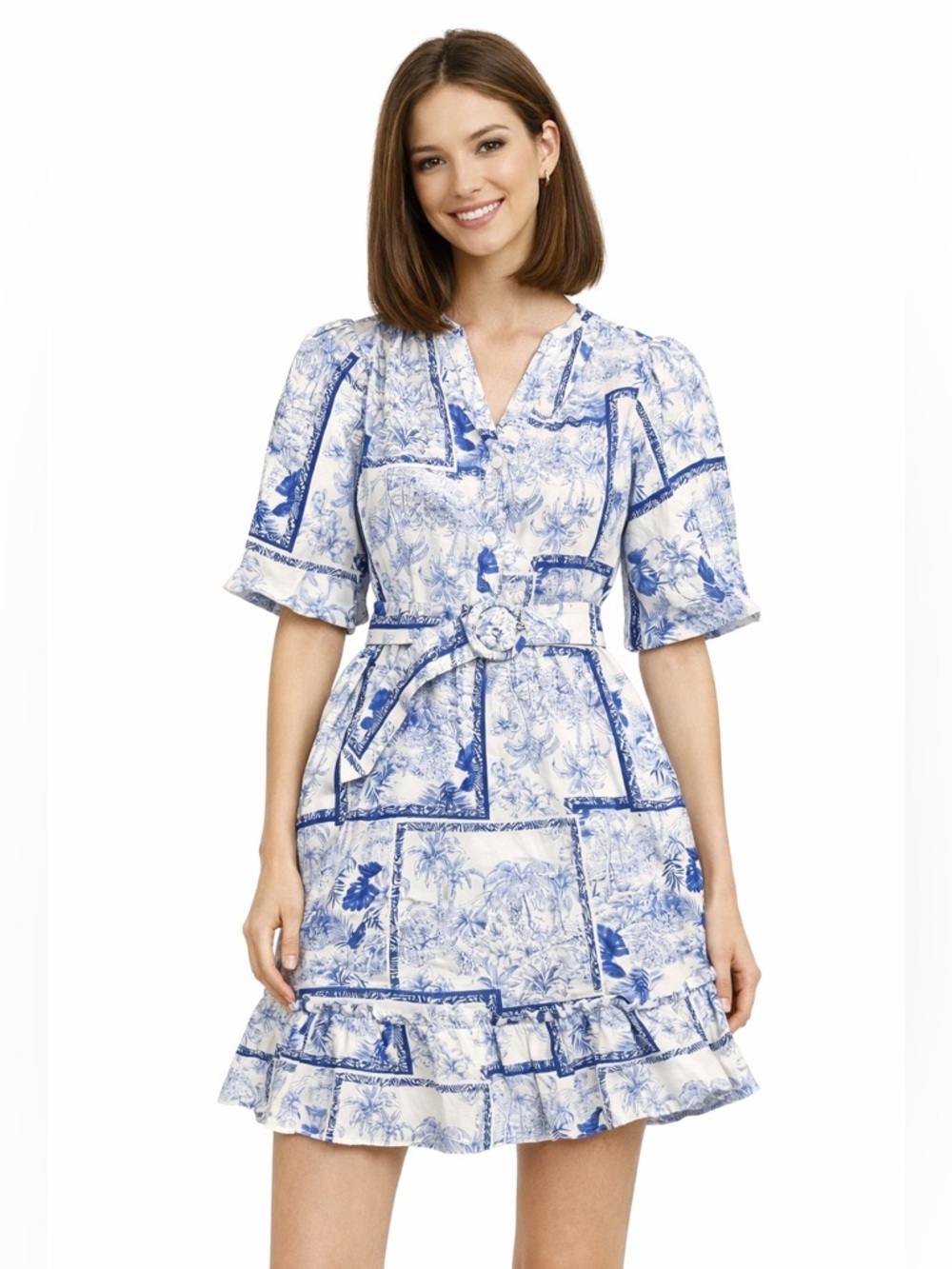 Joie Tropical Toile Belted Puff Sleeve Ruffle Dress 2‎ Blue White Classic Boho